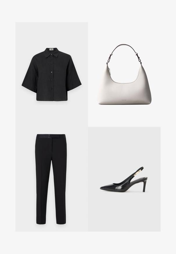 Sorte linned cropped skjorte med spidse krave, korte ærmer og frontlukning med knapper. Har en afslappet pasform og en glat struktur.; Sorte bukser med en glat tekstur, lige snit og en satinlinning. Har minimal detaljering og ingen synlige mønstre eller accenter.; Sort læder slingback højhælede sko med spidse tæer, glat overflade og en smal ankelrem med guldfarvede hardware detaljer.; Cremefarvet skuldertaske i læder fra Calvin Klein med buet topkant, sølvfarvet lynlås og mørkebrun justerbar rem.
