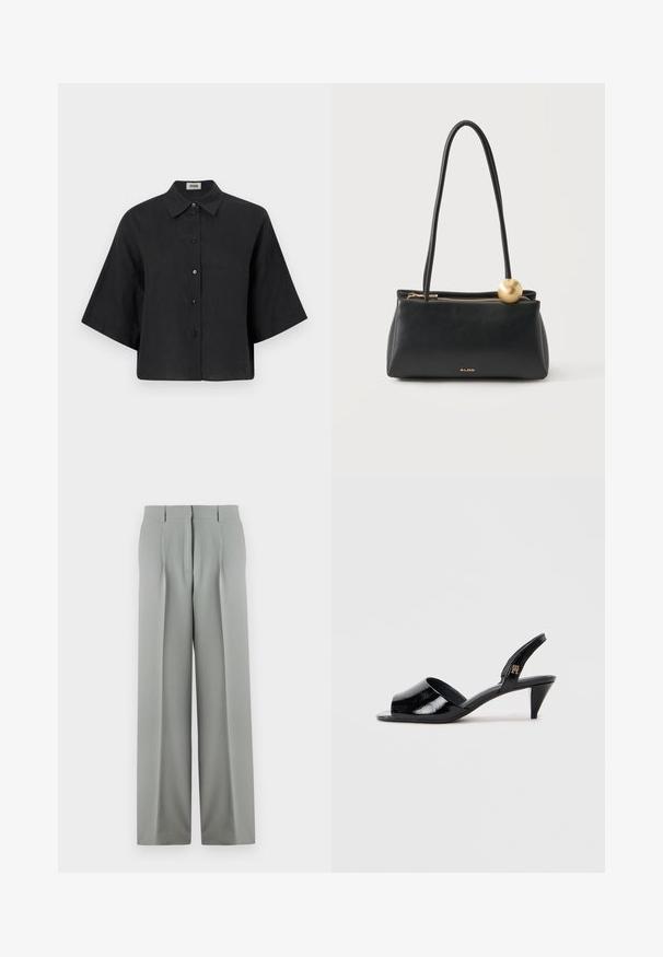 Zwarte linnen cropped shirt met een puntige kraag, korte mouwen en een sluiting met knopen aan de voorkant. Beschikt over een ontspannen pasvorm en een gladde textuur.; Lichtgrijze wijde trousers van soepel materiaal, met een hoge taille, geplooide voorkant en twee achterzakken met riemlussen.; Zwarte lakleren slingback hakken met een open teen, voorzien van een slanke hak en een merkaccent op de band.; Zwarte rechthoekige leren handtas met lange hengsels, gouden rits, gouden bolvormige hanger en klein ALDO-logo op het midden van de voorkant.