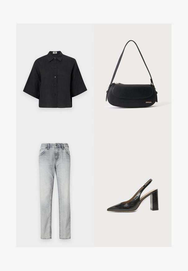 Zwarte linnen cropped shirt met een puntige kraag, korte mouwen en een sluiting met knopen aan de voorkant. Beschikt over een ontspannen pasvorm en een gladde textuur.; Grijze spijkerbroek met een klassieke snit, voorzien van een knoopsluiting, vijf zakken en subtiele vervaging voor textuur. Rechthoekige pasvorm.; Zwarte leren slingback schoen met spits toelopend neusje, hoge blokhak en beige binnenvoering tegen een effen lichte achtergrond.; Zwarte leren schoudertas met gebogen klep, gouden "HUGO" logo aan de voorkant en een enkele verstelbare riem.