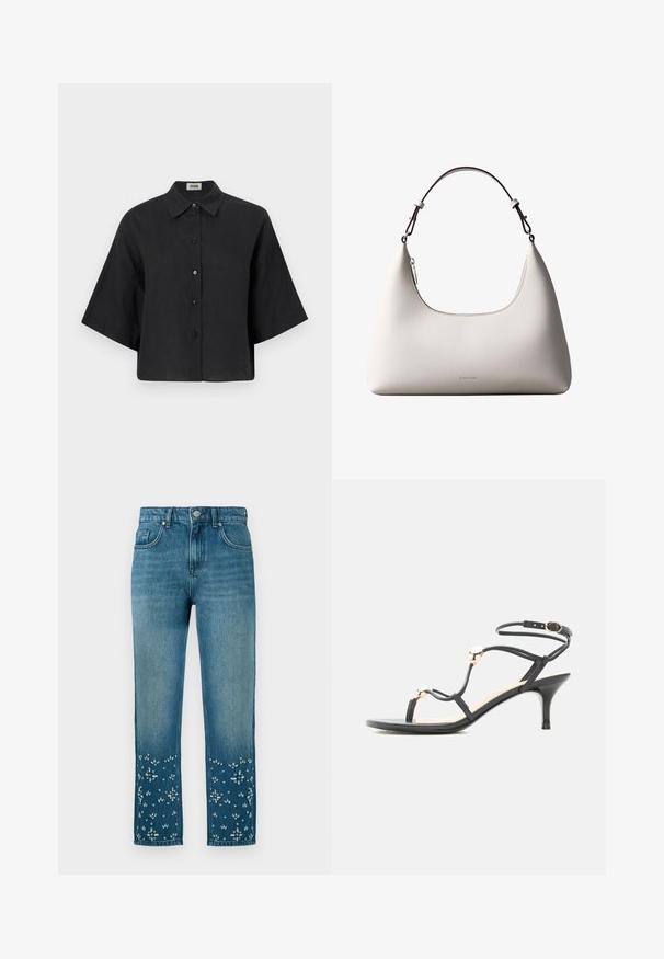 Schwarzes Leinen-Cropped-Shirt mit spitzem Kragen, kurzen Ärmeln und vorderer Knopfverschluss. Hat eine lockere Passform und eine glatte Textur.; Blaue Jeans aus Denim mit geradem Schnitt, ausgestattet mit floralen Stickereien und Verzierungen am Saum sowie einem Fünf-Taschen-Design.; Schwarze Riemchensandale mit mittelhohem Absatz, goldenen Akzentperlen und einem Knöchelriemen mit Schnalle auf weißem Hintergrund.; Cremefarbene Calvin Klein Lederschultertasche mit gebogener Oberkante, silbernem Reißverschluss und dunkelbraunem verstellbarem Riemen.