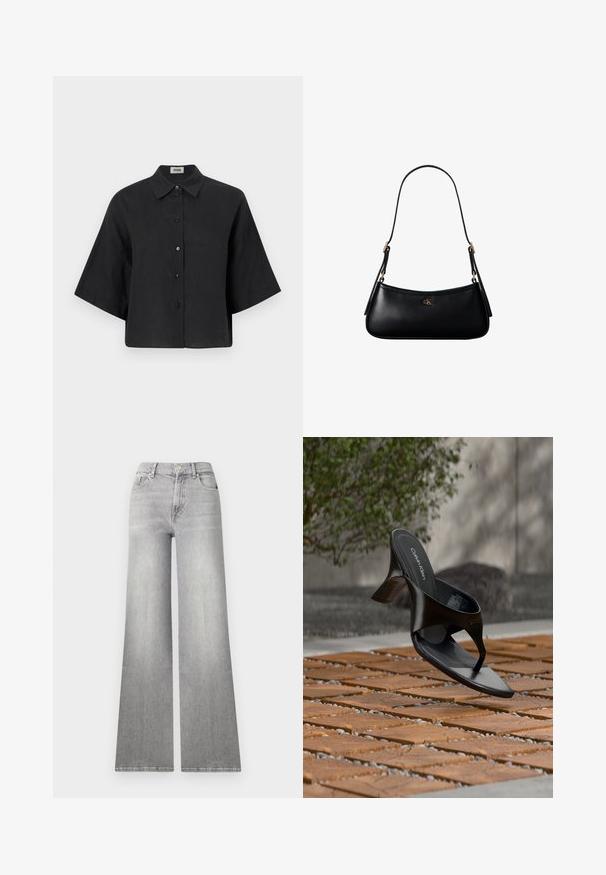 Sorte linned cropped skjorte med spidse krave, korte ærmer og frontlukning med knapper. Har en afslappet pasform og en glat struktur.; Bredde ben grå denim jeans med en falmet finish, frontlomme og knaplukning. Har lige ben og klassisk kant.; Sort Calvin Klein hæl-sandal med åben tå, der svæver over en udendørs flisebelagt overflade med grønne planter og en betonvæg i baggrunden.; Sort læder mini skuldertaske med tynd rem og lille gyldent CK-logo på fronten i midten.