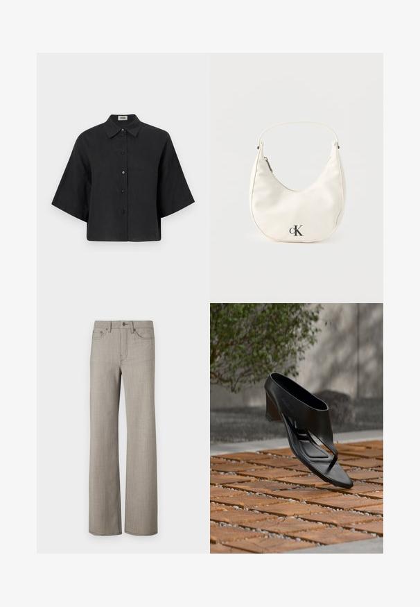 Zwarte linnen cropped shirt met een puntige kraag, korte mouwen en een sluiting met knopen aan de voorkant. Beschikt over een ontspannen pasvorm en een gladde textuur.; Brede broekspijpen in een lichtgrijze, gestructureerde stof met een gladde afwerking. Voorzien van een knoopsluiting en een ontwerp met vijf zakken.; Zwarte sandaal met hoge hak en teenslipperbandje, zwevend boven een patroon van houten en grind buitenoppervlak met vage begroeiing en een muur op de achtergrond.; Kleine witte handtas in de vorm van een halve maan met een kort hengsel, ritssluiting en zwart "cK" logo aan de voorkant.