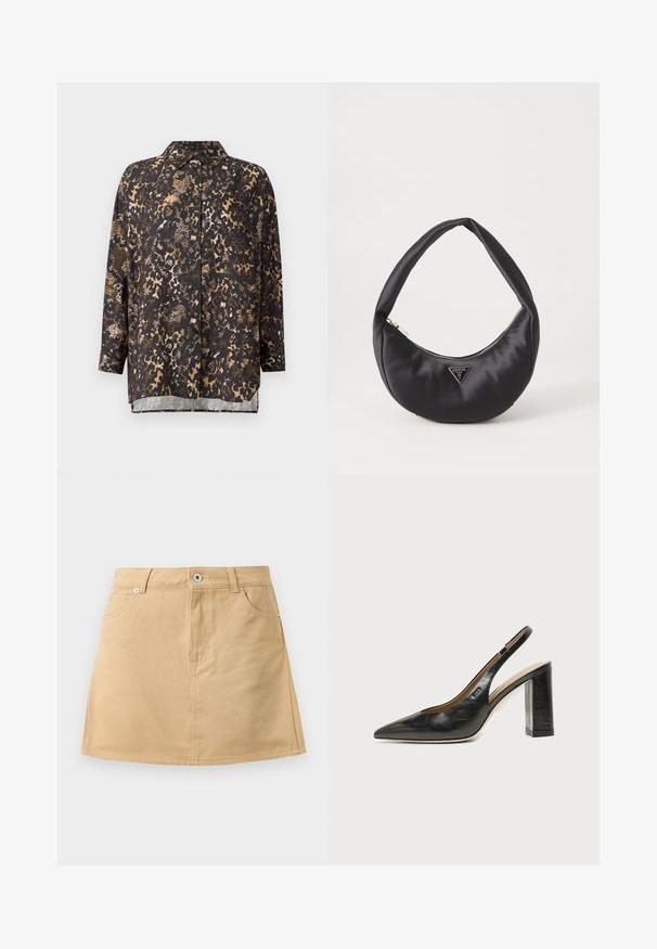 Blouse à motifs noirs et marron, avec un col, des manches longues et un bouton devant ; présente un mélange de motifs et textures animaliers.; Jupe en denim beige mini avec poches avant, passants de ceinture et fermeture à bouton en métal sur fond blanc.; Chaussure slingback en cuir noir à bout pointu avec un talon bloc haut et une doublure intérieure beige sur un fond clair uni.; Sac à main en satin noir avec une forme courbée, doté d'une fermeture à glissière et d'un logo triangulaire en métal à l'avant. Texture lisse et design épuré.