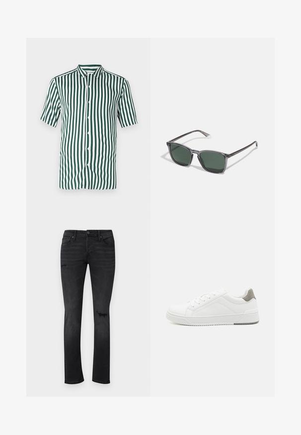 Grøn- og hvidstribet kortærmet skjorte med knapper lavet af bomuld. Har en krave og jævnt fordelte lodrette striber.; Sorte denimjeans med slim fit, med synlige slidte områder ved knæene, fem lommer og en standard knap- og lynlåslukning.; Hvid sneaker lavet af glat læder, rund tå, minimalistisk design, grå hælafsats og tekstureret gummisål.; Polaroid Solbriller - grey