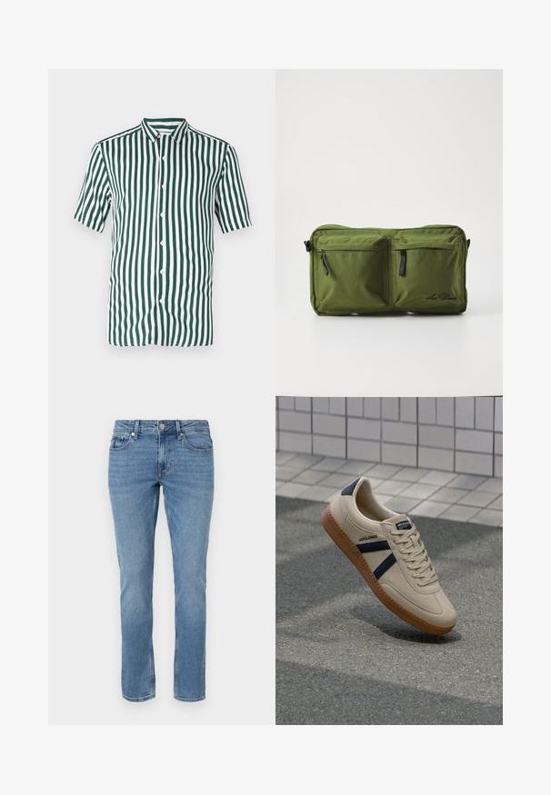 Chemise à manches courtes à boutons, rayée vert et blanc, en coton. Présente un col et des rayures verticales uniformément espacées.; Jean en denim bleu à jambes droites avec poches avant, passants de ceinture et fermeture à bouton.; Baskets beiges avec une finition texturée, bandes navy et semelle en caoutchouc. Équipées d'une languette rembourrée et d'un système de laçage traditionnel pour un maintien sécurisé.; Sac rectangulaire vert olive en tissu durable, avec deux poches zippées à l'avant et un logo. Texture lisse avec des zips noirs contrastants.