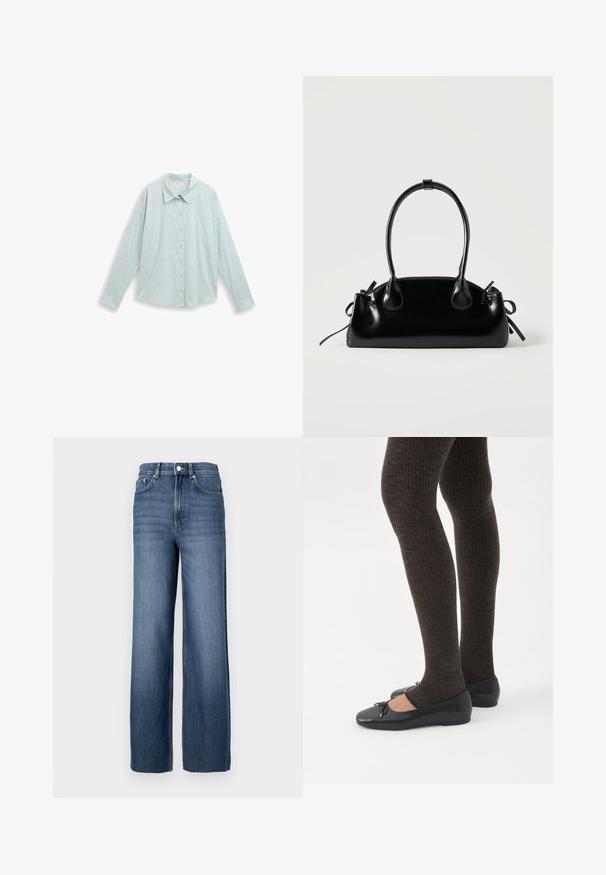 Lyseblå skjorte med knapper, kravehals, lange ærmer og et struktureret mønster af små cirkulære prikker.; Blå denimjeans med høj talje og vidde ben. Har et klassisk fem-lomme design og metal knapdetaljer.; Ben iført mørke ribbede leggings kombineret med sorte balletsko med små sløjfedetaljer på hvid baggrund.; Lille sort blank håndtaske med to lange håndtag og snøre-detaljer i siden på en ensfarvet lys baggrund.