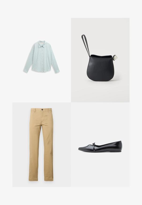 Lichtblauw button-up shirt met een kraag, lange mouwen en een textuurpatroon van kleine cirkelvormige stippen overal.; Khaki chinos van katoen, met een rechte pijp, twee voorkanten zakken, een enkele knoopsluiting en riemlussen, met een gladde textuur.; Zwarte lakleren balletflat met een spitse neus, decoratieve riem en een gladde textuur. Minimalistisch ontwerp zonder zichtbare accenten.; Zwart leren polstasje met afgeronde bodem en zilveren gesp op een effen witte achtergrond.