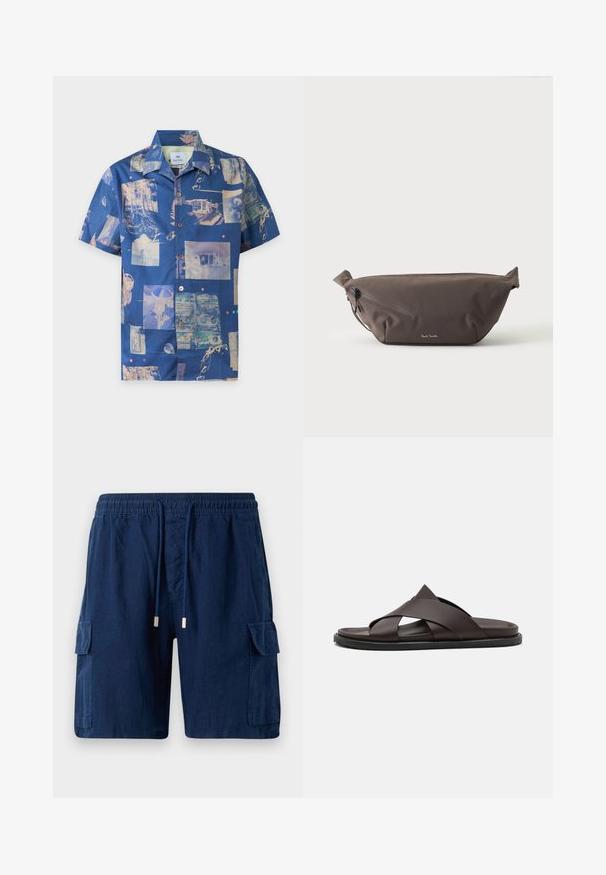 Blaues kurzärmeliges Hemd mit Knöpfen und Collage-Stil Drucken von Natur, Gebäuden, Kassetten und Vintage-Objekten in gedeckten Tönen.; Marineblaue Cargo-Shorts aus leichtem Material, mit einem elastischen Bund und Kordelzug, zwei Seitentaschen und einer Beintasche.; Stuart Weitzman BERKLEY - Pantolette flach - espresso; Dunkelbraune Stoff-Gürteltasche mit diagonalem Reißverschlussfach und kleinem weißen Logo vorne, vor einem einfarbigen hellen Hintergrund.