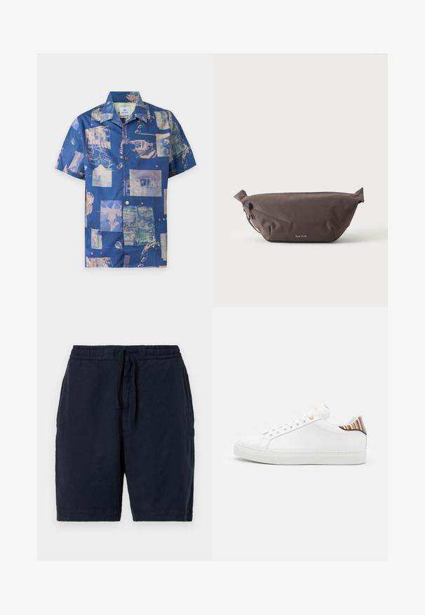 Chemise bleue à manches courtes boutonnée avec des imprimés style collage de nature, bâtiments, cassettes et objets vintage dans des tons atténués.; Shorts en lin navy avec une taille élastique et un cordon de serrage, offrant une coupe décontractée et une surface légèrement texturée.; Baskets en cuir blanc avec une finition lisse, présentant un accent rayé coloré au niveau du talon, des œillets dorés et une semelle blanche plate.; Sac banane en tissu marron foncé avec poche zippée en diagonale et petit logo blanc sur le devant, sur un fond clair uni.
