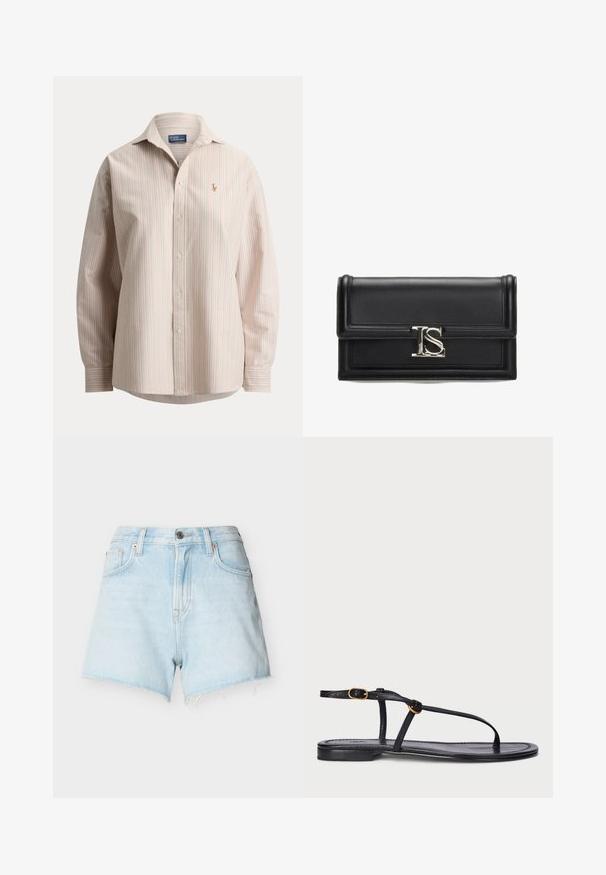 Langärmliges Hemd mit Knopfleiste, rosa und grünen vertikalen Streifen und kleinem gesticktem Logo auf der linken Brustseite.; Hellblaue Jeansshorts mit ausgefranstem Saum, Fünf-Taschen-Stil, Gürtelschlaufen und einem Metallknopfverschluss vorne am Bund.; Schwarze flache Sandale mit minimalistischem Design. Sie verfügt über dünne Riemen, einen Zehensteg, goldene Akzente und eine glatte, strukturierte Sohle.; Schwarze Leder-Clutch-Tasche mit glatter Textur, rechteckiger Form, zentralem silberfarbener Logo-Beschlag und Klappdeckel-Design.