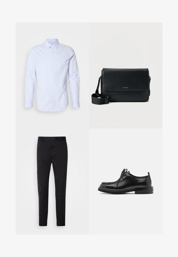 Camisa azul claro de botones con finas rayas verticales, mangas largas y cuello clásico. Cuenta con un pequeño logo en el pecho.; Chinos negros con una textura suave, cierre de botón y diseño ajustado. Ideales para un look casual o semi-formal.; Calvin Klein LACE UP APRON BRUSH OFF - Zapatos de vestir - black; Bolso mensajero de cuero negro con acabado texturizado, correa ajustable y solapa frontal con un logo sutil. Forma compacta y rectangular.