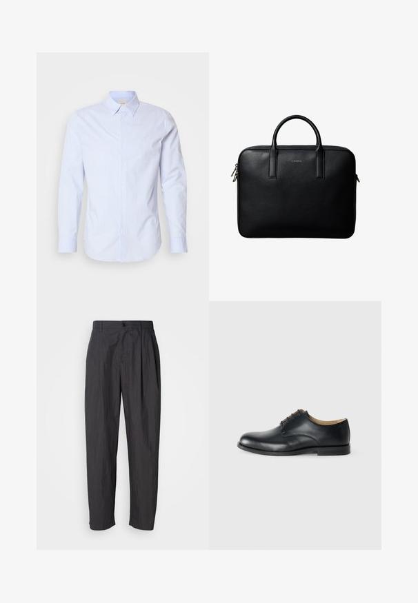 Chemise bleu clair à boutons avec fines rayures verticales, manches longues et col classique. Présente un petit logo sur la poitrine.; Pantalons droit gris foncé avec passants de ceinture, fermeture à bouton à l'avant et poches latérales sur un fond clair.; Calvin Klein ESS DERBY - Derbies - triple black; Mallette en cuir noir texturé avec double poignées et tirettes de fermeture éclair argentées, centrée sur fond blanc.