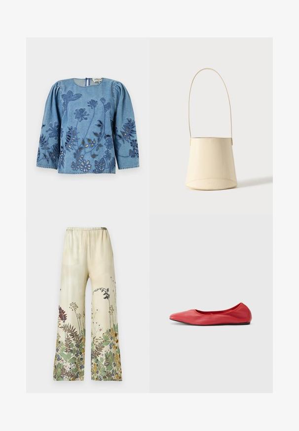 Chemise en denim à manches longues bouffantes, ornée de motifs floraux découpés et d'accents brodés en bleu foncé. Dos fermé avec un col rond.; Pantalon à jambes larges en tissu léger, avec un fond beige orné d'imprimés botaniques multicolores en vert, rouge et jaune. Taille élastique.; Filippa K REY FLATS - Ballerines - bright red; Sac à main seau en cuir lisse couleur crème avec une longue bandoulière et un nom de marque discrètement embossé sur fond uni.