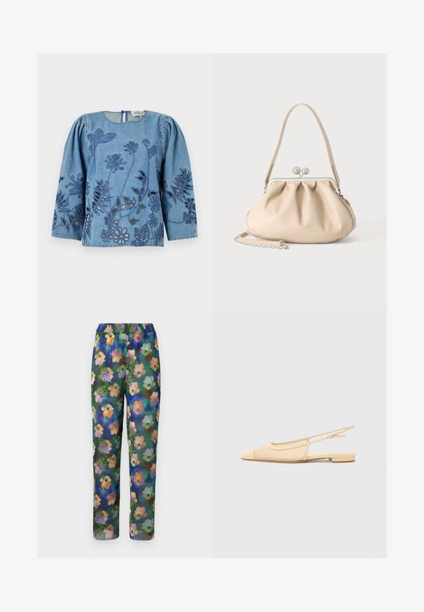 Spijkershirt met lange pofmouwen, voorzien van bloemrijke opengewerkte patronen en borduursels in donkerder blauw. Gesloten achterkant met een ronde halslijn.; Bloemmotief broek met een geribbelde textuur, elastische tailleband en een groene, blauwe achtergrond met kleurrijke bloemenpatronen doorheen.; Slingback ballerina in lichtbeige met een mesh bovenwerk, spitse neus en een lage hak. Voorzien van een verstelbare band voor een goede pasvorm.; Beige zachte leren handtas met een zilveren metalen frame sluiting, een enkele schouderriem en een optionele kettingriem op een witte achtergrond.