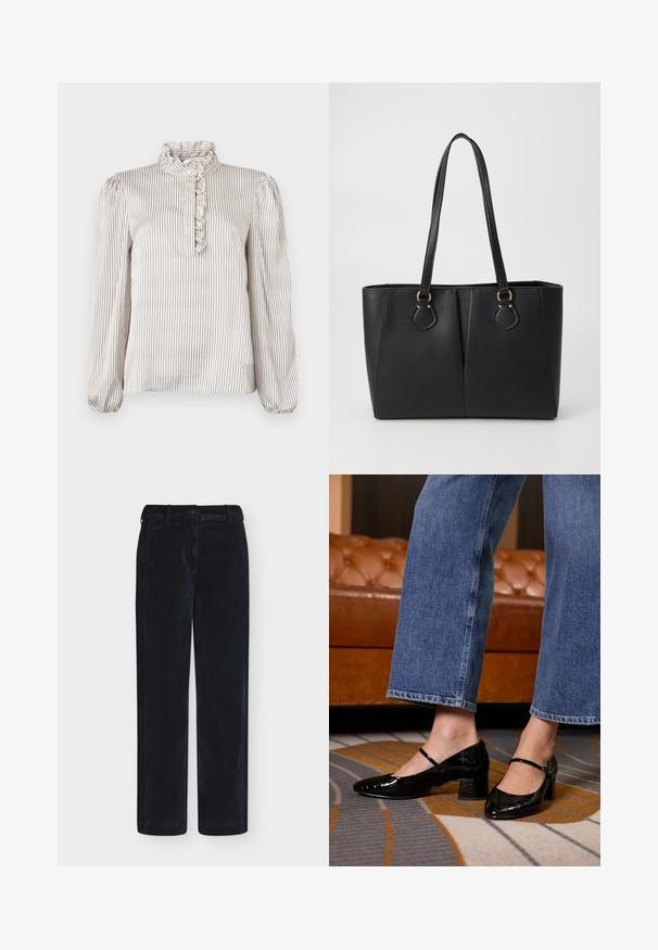 Crèmekleurige blouse met lange mouwen en dunne zwarte verticale strepen, met een gerimpelde hoge kraag en een gerimpeld detail aan de voorkant langs het gedeeltelijke knopenlijst.; Zwarte broek met rechte pijpen, knoop- en ritssluiting, riemlussen en zijzakken op een effen achtergrond.; Zwarte gepatineerde leren pumps met een spitse neus, blokhak en enkelbandje, gedragen met wijduitlopende denim jeans, op een gedessineerd tapijt.; Zwarte neplederen tote bag met een gestructureerde afwerking, twee lange handvatten en goudkleurige hardware-accenten aan de zijkant. Rechthoekige vorm.