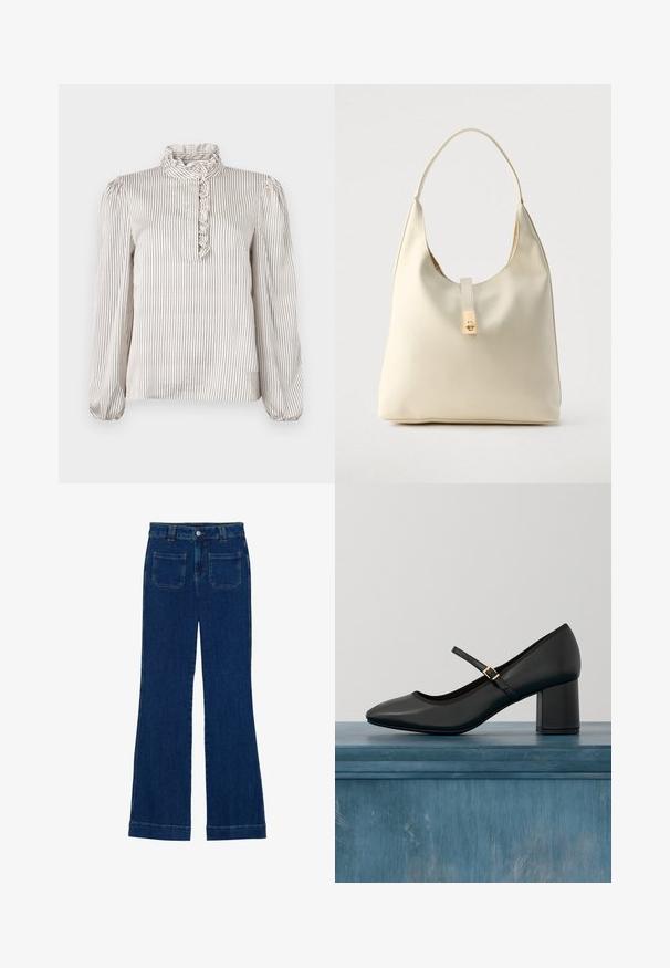 Crèmekleurige blouse met lange mouwen en dunne zwarte verticale strepen, met een gerimpelde hoge kraag en een gerimpeld detail aan de voorkant langs het gedeeltelijke knopenlijst.; Donkerblauwe denim flared jeans met een gladde textuur, vijf zakken en een knoopsluiting aan de taille.; Zwarte Mary Jane-schoen met blokhak en gouden gesp, zwevend boven een gladde betonnen vloer in een minimalistische binnenomgeving.; Crèmekleurige leren hobo-tas met een enkele schouderband, een gladde textuur en een goudkleurige sluiting aan de voorkant.