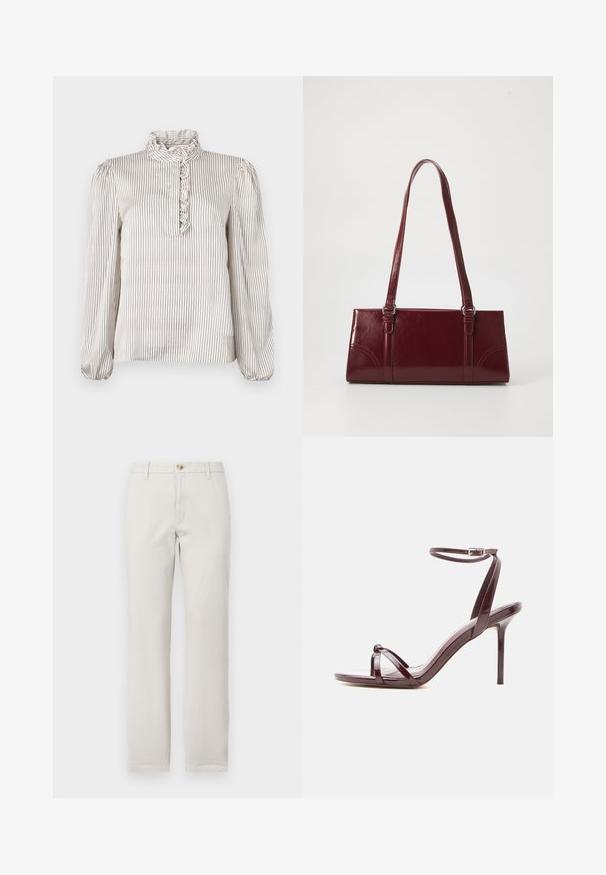 Crèmekleurige blouse met lange mouwen en dunne zwarte verticale strepen, met een gerimpelde hoge kraag en een gerimpeld detail aan de voorkant langs het gedeeltelijke knopenlijst.; Rechtrand beige broek met riemlussen, knoopsluiting aan de voorkant en ritssluiting op een effen witte achtergrond.; Sandaal met hoge hak van bordeaux lakleer met dunne enkelriem en gekruiste teenriemen op een witte achtergrond.; Bourgondische handtas van glanzend materiaal, rechthoekige vorm, met twee schouderbanden en subtiele gebogen accenten aan de voorkant.