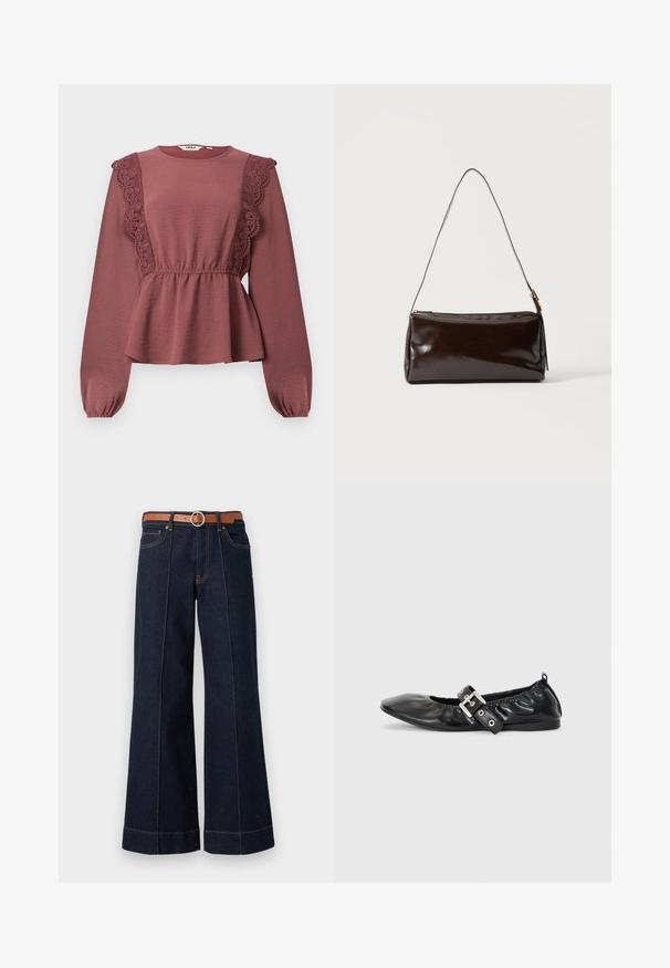 Langærmet bluse i støvet rosa med rund halsudskæring, blonder på forstykket, indsnøring i taljen og let udvidet kant.; Mørkeblå denim wide-leg jeans med høj talje, brun bælte og synlige syningsdetaljer. Har forlommer og en afslappet pasform.; Sorte læder flade sko med spids tå, samling detaljer omkring åbningen, og en sølv spænde accent på den justerbare rem.; Mørkebrun rektangulær læder skuldertaske med en enkelt tynd rem og spænde i guldton på en ensfarvet baggrund.
