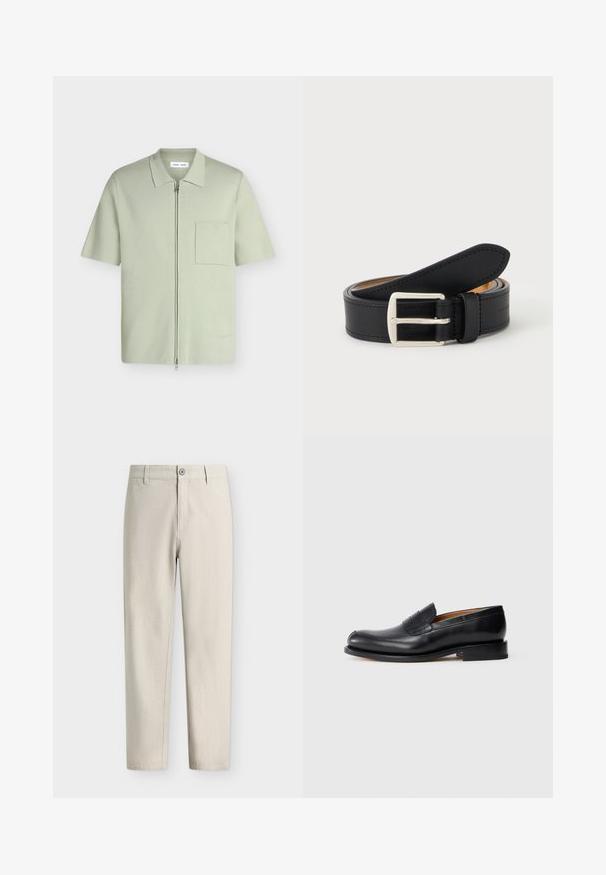 Chemise vert clair à manches courtes avec une fermeture éclair à l'avant, un col et une poche poitrine sur fond blanc uni.; Pantalon beige clair droit avec fermeture par bouton et fermeture éclair ainsi que passants pour ceinture, présenté sur un fond blanc uni.; Mocassin en cuir noir avec une finition lisse, bout arrondi et un petit rabat à l'avant. Caractérisé par un petit talon noir uni et des accents de design minimaux.; Ceinture en cuir noir roulée avec une boucle en métal argenté rectangulaire visible sur un fond clair uni.