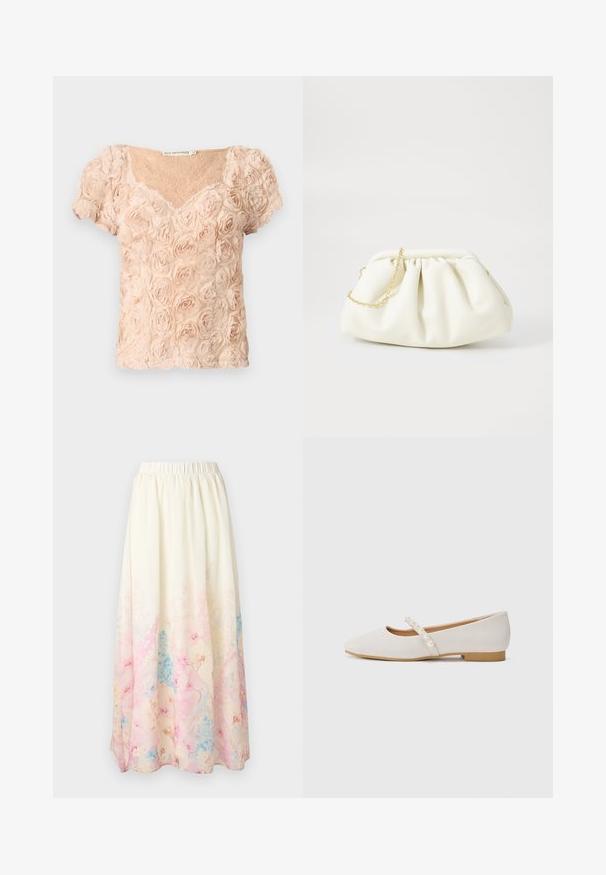 Lyserød blush kortærmet bluse med 3D-roseapplikationer og V-udskæring, der har transparent blonder under.; Maxi nederdel i cremefarve med elastisk talje og blødt pastelfarvet blomsterprint i lyserøde, blå og beige nuancer nederst.; Flade sko i blødt beige materiale med en spids tådesign. Har en dekorativ rem med hvide perledetaljer. Lav hæl.; Hvid læderhåndtaske med en samlede design, forsynet med en guldkæde-strop og en rund form. Glat tekstur med bløde folder og ingen mønstre.