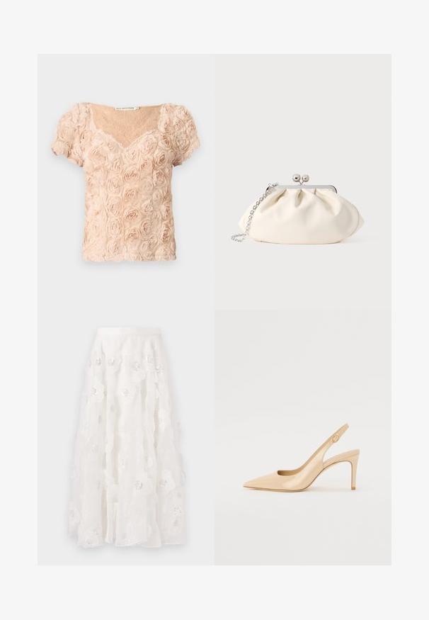 Blouse rose blush à manches courtes avec appliqués de roses 3D et décolleté en V, présentant un tissu en dentelle transparente en dessous.; Jupe blanche, longueur genou, avec broderies florales et sequins argentés. Tissu léger et fluide avec des couches volantes et une ceinture ajustée.; Escarpin slingback en cuir verni nude avec un bout pointu, un décolleté ouvert et un talon aiguille fin. Comprend un accent doré circulaire sur la sangle.; Pochette en tissu crème avec un design froncé, cadre en métal argenté, deux boules décoratives, et une bandoulière chaîne argentée.