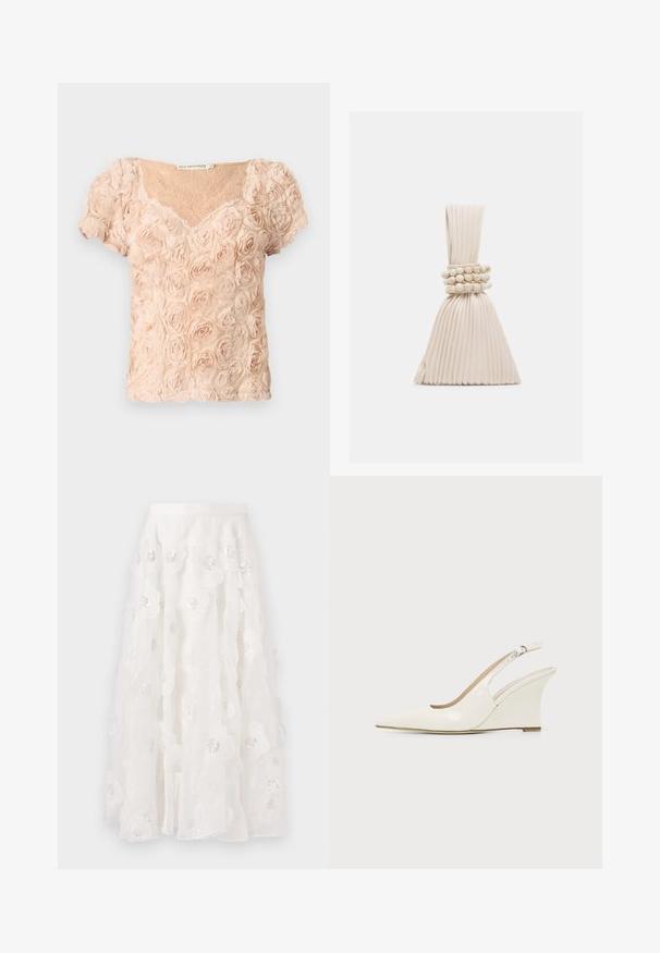 Blouse rose blush à manches courtes avec appliqués de roses 3D et décolleté en V, présentant un tissu en dentelle transparente en dessous.; Jupe blanche, longueur genou, avec broderies florales et sequins argentés. Tissu léger et fluide avec des couches volantes et une ceinture ajustée.; Chaussure compensée blanche en cuir verni avec bout pointu et bride ajustable à boucle sur fond uni.; Petit sac à main beige plissé avec une anse nouée et trois bracelets ronds en perles enroulés autour du milieu.
