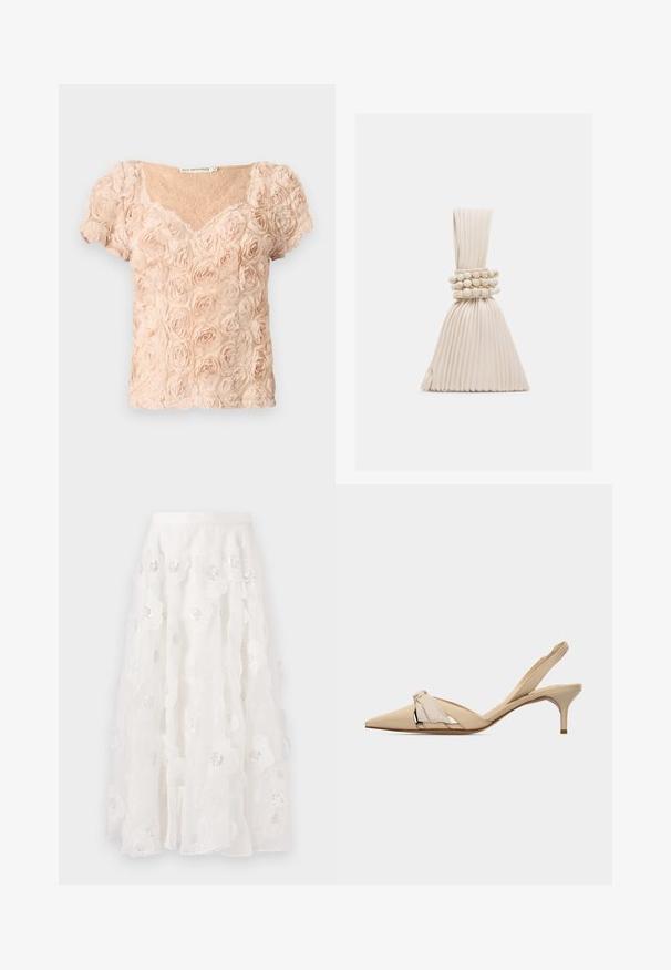 Lyserød blush kortærmet bluse med 3D-roseapplikationer og V-udskæring, der har transparent blonder under.; Hvid, knælang nederdel med blomsterbroderi og sølvfarvede perler. Letvægts, flydende stof med rynkede lag og en tætsiddende talje.; Beige slingback-kittensko med spids tå, dekorativ knudedetalje på overdelen og en lav, slank hæl.; Lille plisseret beige håndtaske med et knyttet håndtag og tre runde perlearmbånd viklet omkring midten.