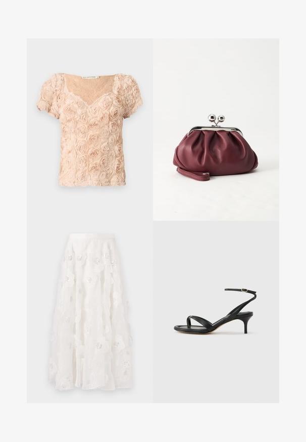 Lyserød blush kortærmet bluse med 3D-roseapplikationer og V-udskæring, der har transparent blonder under.; Hvid, knælang nederdel med blomsterbroderi og sølvfarvede perler. Letvægts, flydende stof med rynkede lag og en tætsiddende talje.; Sort damesandal i læder med tynde remme, en tå-loop, ankelspænde og en mellemhøj stiletthæl på en neutral baggrund.; Lille bordeauxlæder clutch-pung med sølv metal lukning og håndledsrem på hvid baggrund.