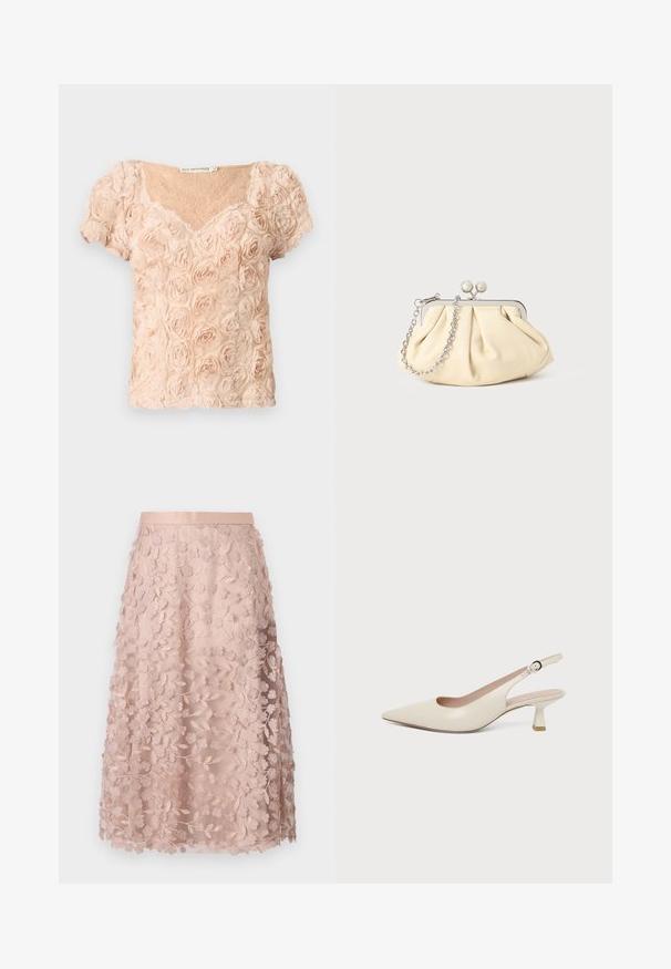 Lyserød blush kortærmet bluse med 3D-roseapplikationer og V-udskæring, der har transparent blonder under.; Blonder midi-nederdel i blød pink med blomstermotiver, der har en tætsiddende linning og lagdelt design, hvilket fremhæver en delikat struktur.; Sko med spids tå i cremefarve, med en lille buet kitten-hæl og justerbar spænde-rem.; Plisseret beige læderclutch med en sølvmetalramme, der har to runde dekorative låse og en sølvkædetrasporte.