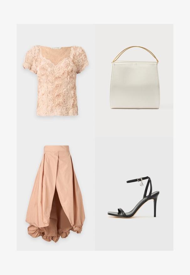 Lyserød blush kortærmet bluse med 3D-roseapplikationer og V-udskæring, der har transparent blonder under.; Peachfarvet puffskørt lavet af letvægtsstof, med en samlet søm og plisseret design i taljen for en voluminøs silhuet.; Sort hæl-sandal med smal ankrem, firkantet tå-boks, glat lædermateriale og metalspænde som pynt.; Struktureret taske i satinfinish, cremefarvet, med en kæde til skulderrem. Har en flad, glat tekstur og rene syninger.