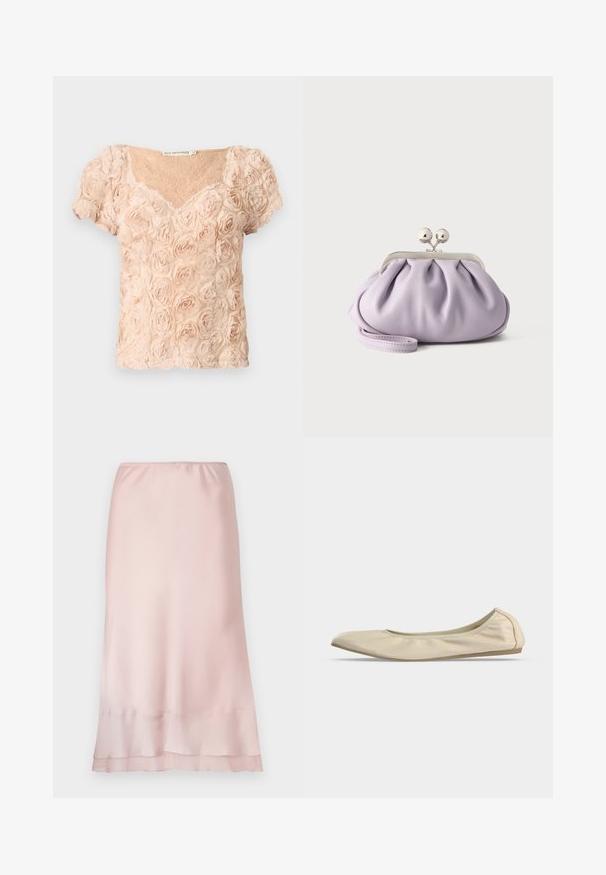 Blouse rose blush à manches courtes avec appliqués de roses 3D et décolleté en V, présentant un tissu en dentelle transparente en dessous.; Jupe midi en satin rose clair avec taille élastique et détail de ourlet superposé, présentée sur un fond blanc uni.; Ballerine beige en cuir souple avec bout arrondi, profil latéral bas et semelle fine en caoutchouc sur fond blanc uni.; Pochette lavande douce avec tissu froncé, fermoir kiss-lock argenté et bracelet assorti sur un fond clair uni.