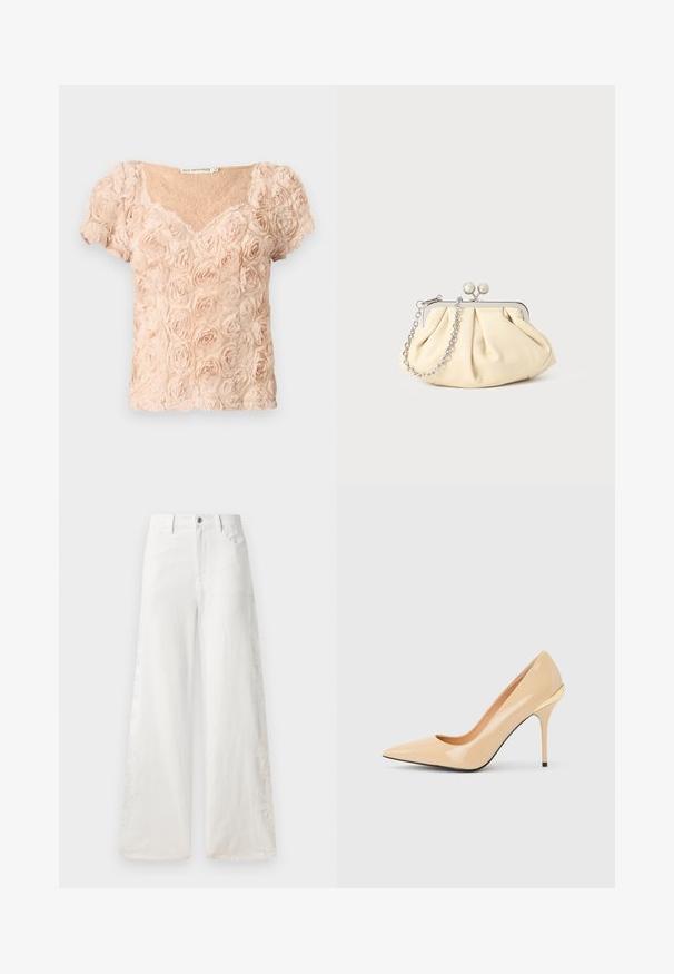 Lyserød blush kortærmet bluse med 3D-roseapplikationer og V-udskæring, der har transparent blonder under.; Hvide bukser med vidde lavet af denim, der har broderede mønstre på siden og en traditionel femlomme-design. Lynlås-lukning med en knap.; Beige laklæder pumps med høje hæle, spids tå og slank stiletthæl, med en lille guldaccent bagpå.; Plisseret beige læderclutch med en sølvmetalramme, der har to runde dekorative låse og en sølvkædetrasporte.