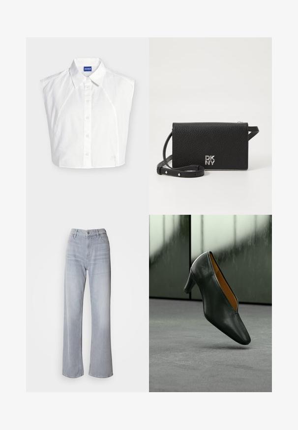 Camisa blanca sin mangas con botones y cuello en la parte delantera, con etiqueta de la marca Hugo dentro del cuello y logo bordado sutil cerca del dobladillo.; Jeans de pernera ancha en gris claro, con cintura alta, hechos de denim. Presentan bolsillos frontales, cremallera y un leve desvanecimiento por toda la prenda.; Zapato negro de cuero con tacón medio flotando sobre una alfombra gris con fondo desenfocado de ventana de cristal.; Bolso de piel negra tipo bandolera con textura de grano, que cuenta con un cierre de solapa y el logo de DKNY en plata. Incluye una correa desmontable.