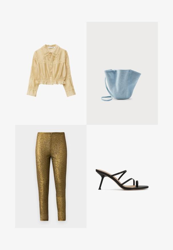 Blusa crema con un dobladillo con volantes, mangas largas, detalles de encaje y un frente abotonado. Cuenta con un collar puntiagudo y una cinta atada en el escote.; Leggings metálicos dorados con un patrón de rayas verticales texturizadas. La tela tiene un acabado brillante y una silueta ajustada y esbelta.; Sandalia negra de tacón alto con tres tiras delgadas y una banda para el dedo, con punta cuadrada abierta y talón de aguja fino.; Bolso tipo cubo de tela azul claro con correa larga, abertura superior ancha y costuras verticales cosidas, sobre un fondo blanco liso.