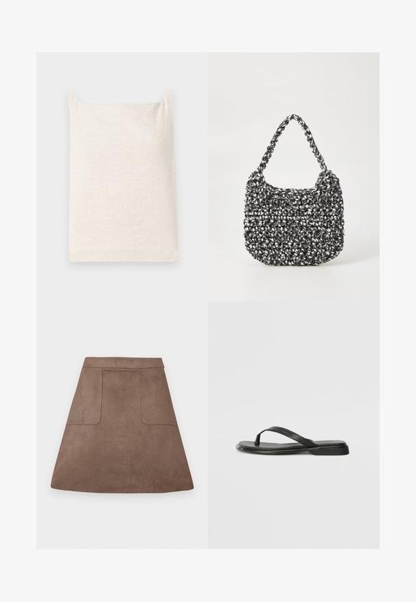 Top sin mangas beige con escote cuadrado. Tejido suave y texturizado. Diseño simple con dobladillo recto y sin patrones ni acentos adicionales.; Falda A-line de ante marrón con una textura suave, que presenta dos bolsillos frontales y una cinturilla sin costuras, diseñada para una longitud por encima de la rodilla.; Chancla negra de piel suave, con un diseño de tira delgada y una suela plana de perfil mínimo. Sin patrones ni acentos notables.; Bolso de mano tejido en blanco y negro con forma redondeada, superficie texturizada y asa trenzada. Adecuado para uso casual.