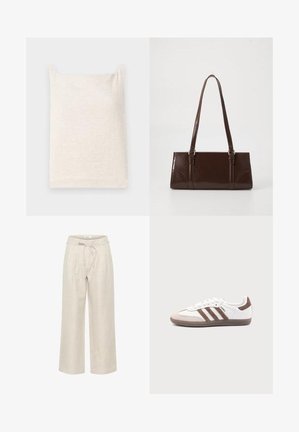 Beige ärmelloses Oberteil mit quadratischem Ausschnitt. Weicher, strukturierter Stoff. Einfaches Design mit geradem Saum und ohne zusätzliche Muster oder Akzente.; Beige Leinen-Hose mit weitem Bein, ausgestattet mit einem verstellbaren Bund und Vorderfalten, mit einer glatten Textur und knöchellangem Schnitt.; Weißer Adidas Samba Sneaker mit braunen Wildlederstreifen, brauner Gummisohle und beiger Wildlederkappe, von der Außenseite auf schlichtem Hintergrund gezeigt.; Braune Lackleder-Handtasche in rechteckiger Form, mit zwei langen Griffen und subtilen, geschwungenen Akzenten auf der Vorderseite.