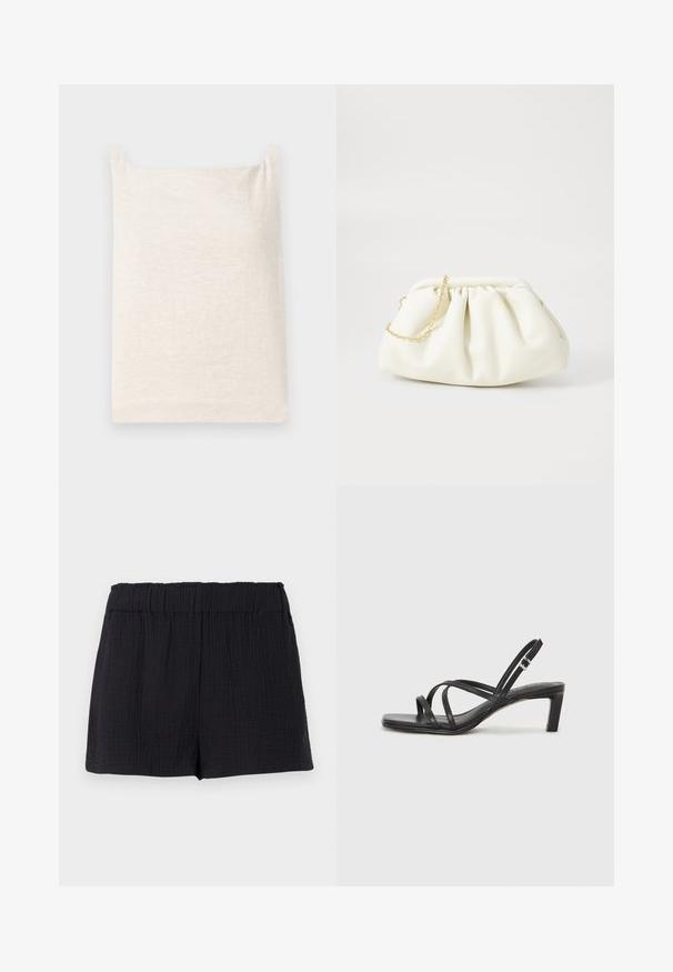 Haut sans manches beige avec un col carré. Tissu doux et texturé. Design simple avec un ourlet droit et sans motifs ou accents supplémentaires.; Shorts en tissu noir texturé avec une taille élastique et une coupe ample et décontractée.; Sandale noire à lanières avec un bout carré et un petit talon bloc. Elle présente plusieurs fines lanières et une sangle de cheville ajustable. Fabriquée en cuir lisse.; Sac à main en cuir blanc avec un design plissé, doté d'une bandoulière en chaîne dorée et d'une forme arrondie. Texture lisse avec des plis doux et sans motifs.