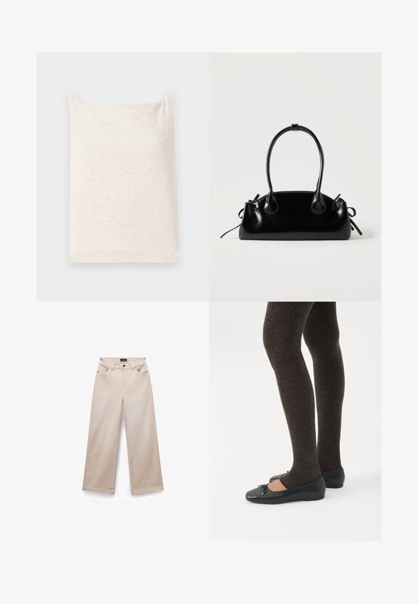 Top sin mangas beige con escote cuadrado. Tejido suave y texturizado. Diseño simple con dobladillo recto y sin patrones ni acentos adicionales.; Pantalones de pierna ancha beige, hechos de algodón con una textura suave. Cuenta con cinco bolsillos, pasadores para cinturón y herrajes en tono plateado en la parte frontal.; Piernas con leggings oscuros acanalados combinados con bailarinas negras que presentan pequeños detalles de lazo sobre un fondo blanco.; Pequeño bolso negro brillante con dos asas largas y detalles de cordón lateral sobre un fondo claro liso.
