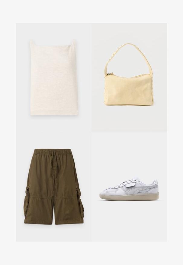Haut sans manches beige avec un col carré. Tissu doux et texturé. Design simple avec un ourlet droit et sans motifs ou accents supplémentaires.; Shorts cargo vert olive en tissu léger. Dotés d'une taille élastique, d'un cordon de serrage et de deux poches cargo latérales.; Baskets blanches en cuir avec des accents gris, fermeture à lacets et semelle en caoutchouc texturée. Présente un logo bien en vue sur le côté.; Petit sac à main en cuir beige avec une seule bandoulière et des clous argentés le long des bords et de la bandoulière, posé sur un fond uni.