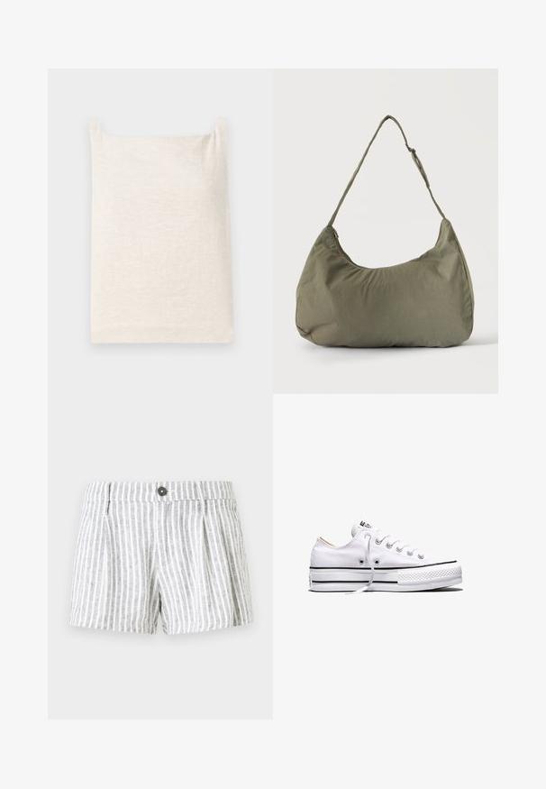 Beige ärmelloses Oberteil mit quadratischem Ausschnitt. Weicher, strukturierter Stoff. Einfaches Design mit geradem Saum und ohne zusätzliche Muster oder Akzente.; Gestreifte Shorts in Hellgrau und Weiß, mit Knopfverschluss, Falten an der Vorderseite und einem weichen, strukturierten Stoff.; Weißer Canvas-Sneaker in niedriger Ausführung mit weißen Schnürsenkeln, schwarzen Streifen an der Sohle und gummiertem, strukturiertem Zehenschutz, Seitenansicht vor weißem Hintergrund.; Olivgrüne weiche Stoff-Schultertasche mit Reißverschluss und verstellbarem Tragegurt vor einfarbig hellem Hintergrund.