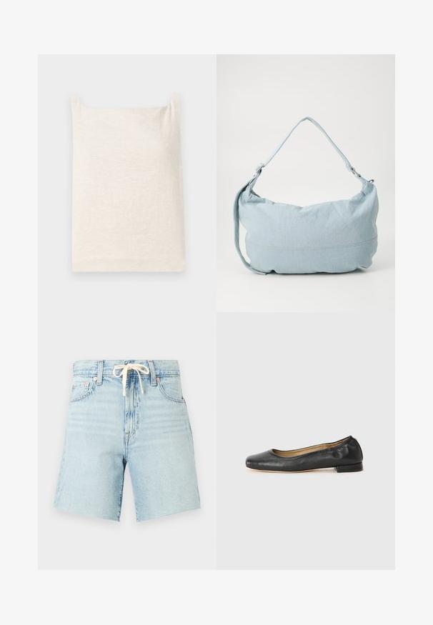 Haut sans manches beige avec un col carré. Tissu doux et texturé. Design simple avec un ourlet droit et sans motifs ou accents supplémentaires.; Shorts en denim bleu clair avec taille à cordon, ourlet légèrement effiloché et cinq poches. Présente une texture décolorée et des accents de rivets en cuivre.; Ballerines en cuir noir avec un bout arrondi et des coutures minimales. Talon bas et rectangulaire avec une texture lisse. Détails subtils de doublure intérieure.; Sac à dos en denim bleu clair de forme arrondie, avec une bandoulière ajustable et un subtil détail de couture le long du bas. Texture douce.