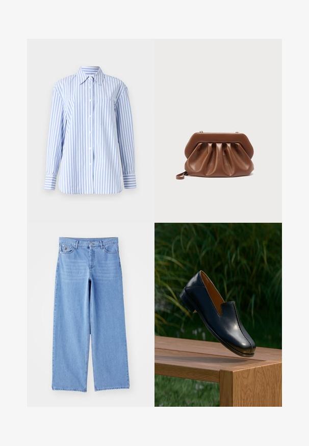 Lyseblå og hvidstribet langærmet skjorte med krave, frontlukning med knapper og en brystlomme. Lavet af glat materiale.; Lys blå brede ben jeans lavet af denim, med et klassisk fem-lomme design og en knaplukning. Glat tekstur, slidte kanter.; Sort læder loaferbalancerende på kanten af et træbord med grønt løv i baggrunden.; Brun læderclutch med samlet design og struktureret topramme, der har en lille håndledsrem og detalje i guldfarvet lukning.
