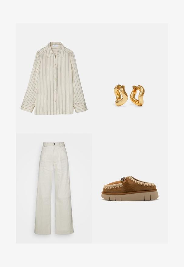Chemise rayée en crème et marron clair, avec un col pointu, une fermeture à boutons à l'avant et des manches longues avec des détails aux poignets. Texture de tissu douce.; Rodebjer Pantalon classique - warm sand; Chaussure en suede marron à enfiler avec des coutures décoratives, une semelle chunky beige et une sangle avec une boucles en métal. Présente un dessus texturé.; Boucles d'oreilles en forme de créoles dorées avec un design ondulé, présentant une surface lisse et brillante ainsi qu'une forme élégante. Sans fermoirs visibles.