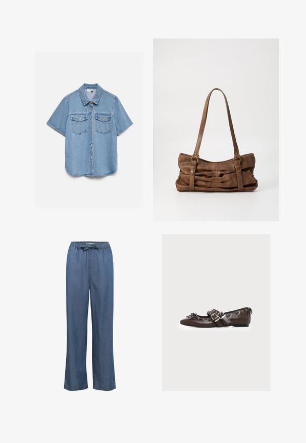 Chemise en denim bleu clair à manches courtes avec boutons, col pointu et deux poches poitrine avant boutonnées.; Pantalon en denim à jambes larges dans une teinte bleu moyen, doté d'une taille élastique avec un cordon de serrage réglable et d'une coupe droite pour un ajustement décontracté.; Chaussure plate en cuir marron avec doubles brides argentées à boucle, lacets décoratifs le long des bords, et un petit nœud sur la pointe pointue.; Even&Odd Sac à main - brown