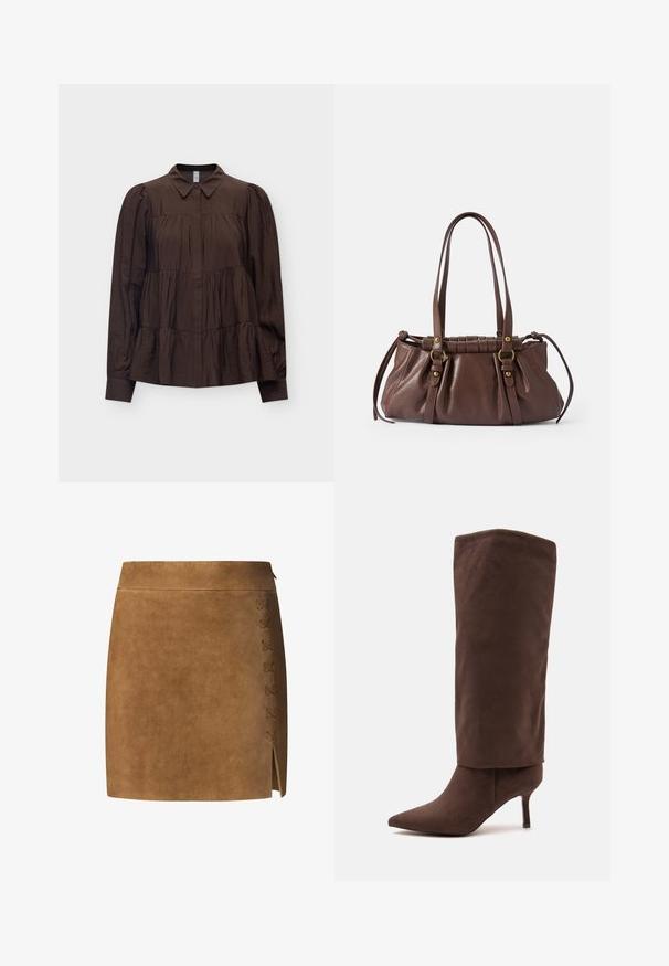 Blouse marron foncé à manches longues avec un design à étages, détails de tissu froncé, col pointu, poignets boutonnés et boutons dissimulés à l'avant.; Jupe mini en suède marron avec une coupe droite, dotée d'un détail lacé sur le côté gauche et d'une petite fente au bas.; Botte haute en daim marron à bout pointu avec un talon moyen fin et une tige supérieure relâchée sur fond blanc.; Sac à main en cuir brun avec deux longues poignées, design froncé, accents en métal doré et finition texturée.