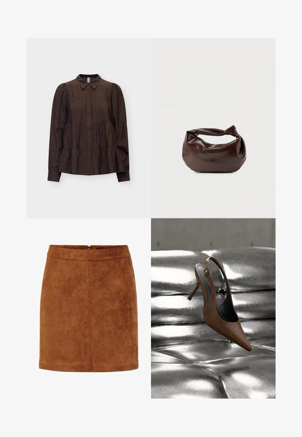 Mørkebrunt langærmet bluse med lagdelt design, rynkede stofdetaljer, spids krave, manchetter med knapper og skjulte knapper foran.; Brun ruskind mini skirt med en glat tekstur, lige snit og en diskret lynlås bagpå. Har søm detaljer for struktur.; Brun læder højhælet slingback sko, der svæver over en skinnende, sølvfarvet, tuftet lædersofa.; Mørkebrun læder skuldertaske med en blød, afslappet form og et snoet knudehåndtag på en ensartet hvid baggrund.