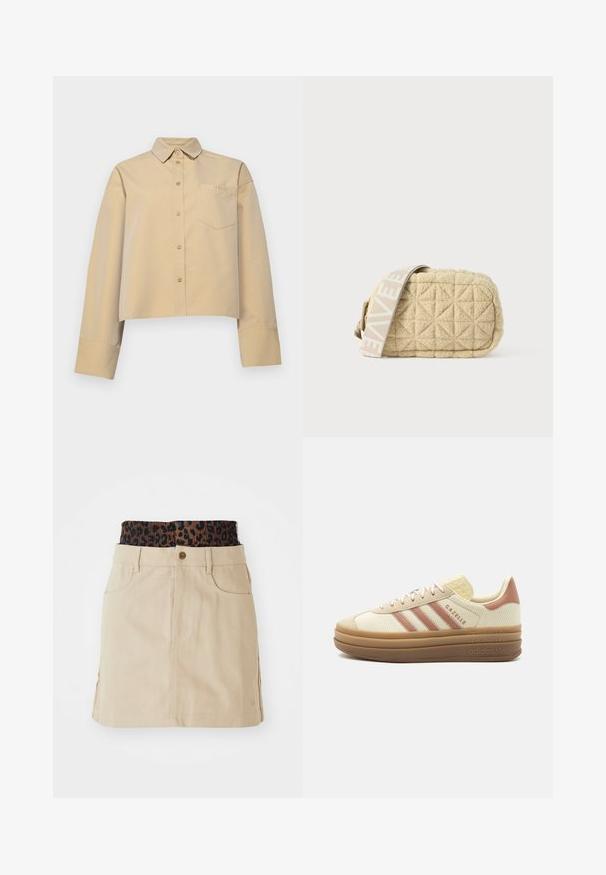 Afskåret beige skjorte lavet af bomuldsblanding, med spidse kraver, knaplukning og en lille brystlomme med logo-broderi.; Tan denim nederdel med en brun leopardmønstret elastisk talje, forlommer og en lige pasform, der har synlige syninger.; Beige lavtop Adidas Gazelle sneaker med pink striber, gummisål med plateau og snørelukning på hvid baggrund.; Kviltet beige taske med rektangulær form, der har en mønstret lys skulderrem. Lavet af blødt materiale med diamantformede detaljer.