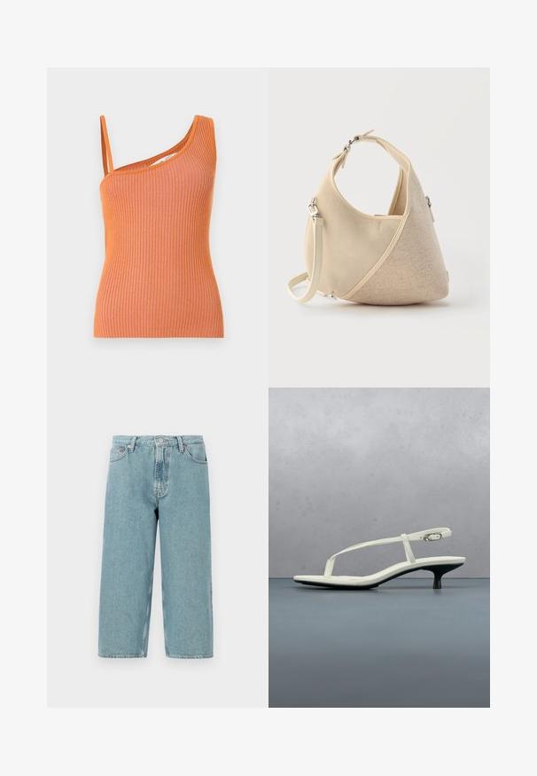 Oranž ribadega tank top ühe õlgade rihmaga, millel on liibuv siluett ja tekstuuriga kangas.; Heledad sinine denim lühikesed püksid kõrge talje, sirge lõike ja toore äärega. Omad klassikalise nööbi ja lukuga kinnituse, neli taskut.; Valge rihmadega kitten-kontsaga sandaal, millel on terav ninaosa, hõljumas puidust plaatpõranda kohal õues, taustal hägune taim ja sein.; Beežikaarekujuline käekott, millel on segatud kangatekstuurid, lühike käepide ja eemaldatav õlapael, hele taust.