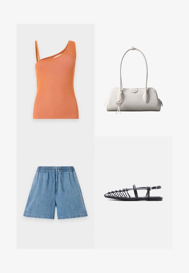 Top de tirantes naranja con una sola tira, que presenta una silueta ajustada y una tela texturizada.; Pantalones cortos de mezclilla en azul claro con cintura elástica y cordón. Cuentan con bolsillos laterales y un ajuste relajado con dobladillos cosidos.; Sandalia plana negra con múltiples tiras delgadas, correa con hebilla en el tobillo y diseño de jaula con punta abierta sobre fondo blanco.; Bolso de hombro blanco de Calvin Klein con asas largas, forma rectangular, cierre de cremallera y charm decorativo con el logo colgando cerca del asa.