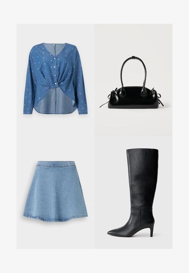 Blauwe blouse met lange mouwen en knopen, bedrukt met kleine witte paisley-motieven, voorzien van een gedraaide voorkant en een V-hals.; Lichtblauwe denim A-lijn rok met zichtbare stiksels langs de tailleband en zoom, plat getoond tegen een witte achtergrond.; Zwarte kniehoog laars van glad leer, met een spitse neus en een hak van gemiddelde hoogte, met een eenvoudig en strak ontwerp.; Kleine zwarte glanzende handtas met twee lange hengsels en zijkant trekkoord details op een effen lichte achtergrond.